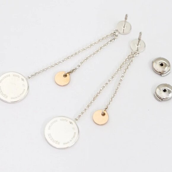 HERMES Ex-Libris Round Drop Stud Earrings Silver 925 & 18k Rose Gold Auth w/Box - Picture 3 of 11